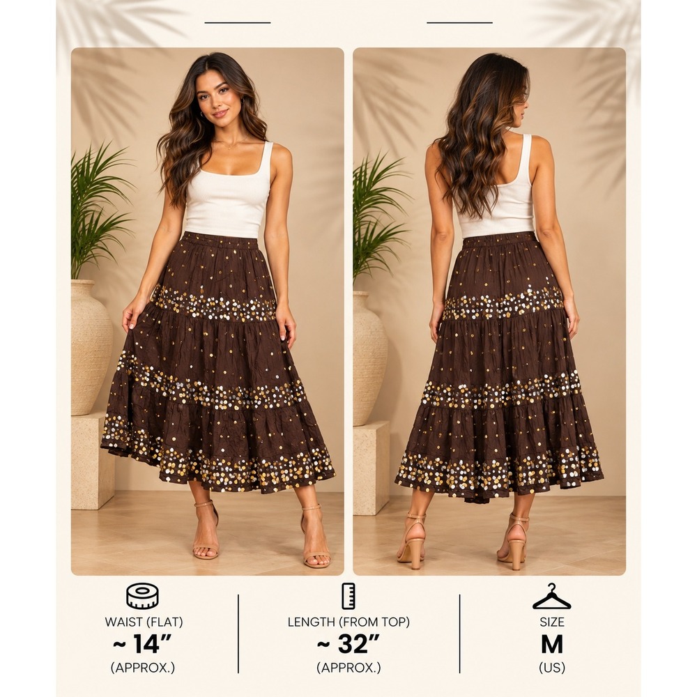 Picasso Brown Cotton Sequin Tiered Maxi Skirt Size M Boho Festival SS570